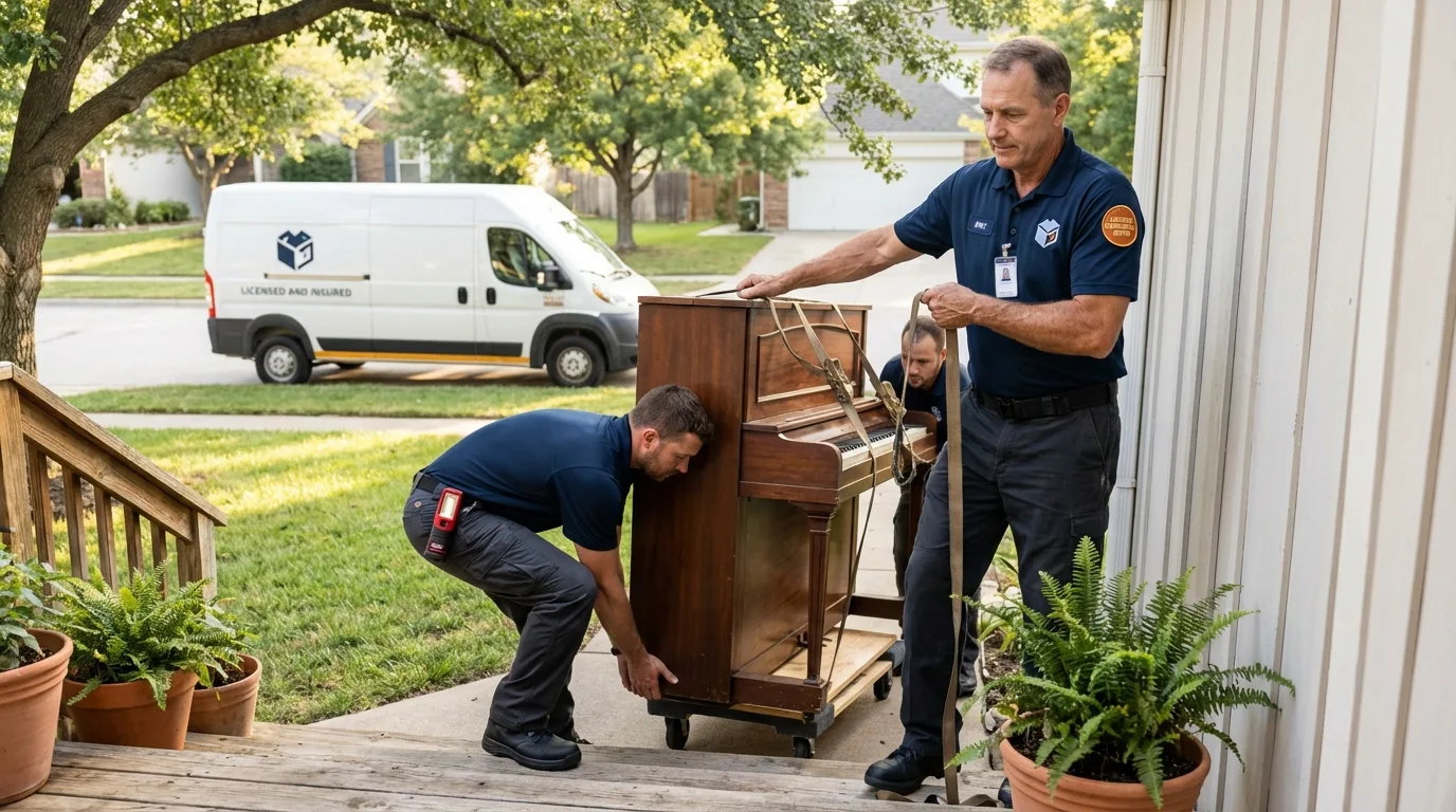 Licensed piano movers securing grand piano in Bolton, MA