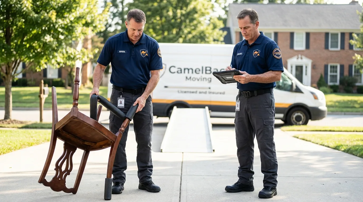 Movers inspecting furniture for damage prevention before loading in Bolton, MA