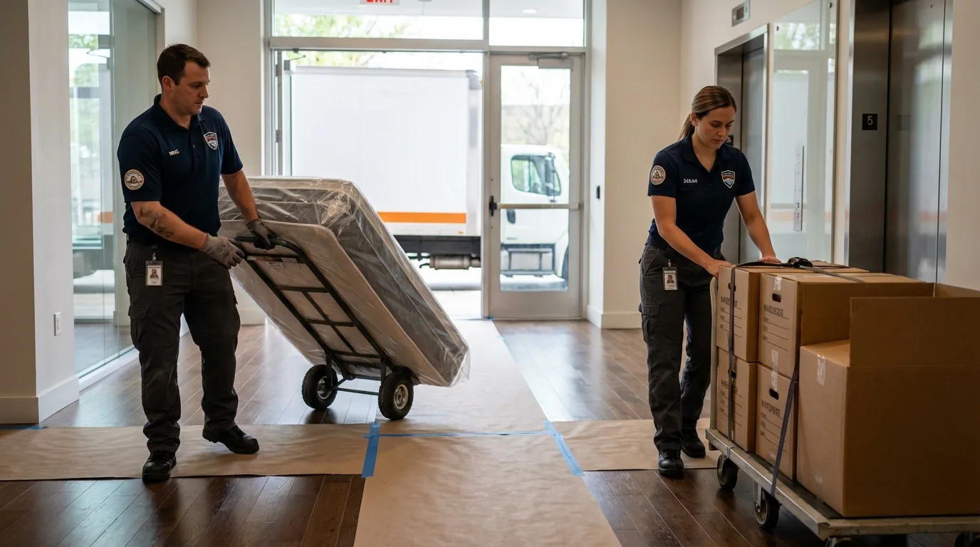 Professional apartment movers loading elevator in Bolton, MA