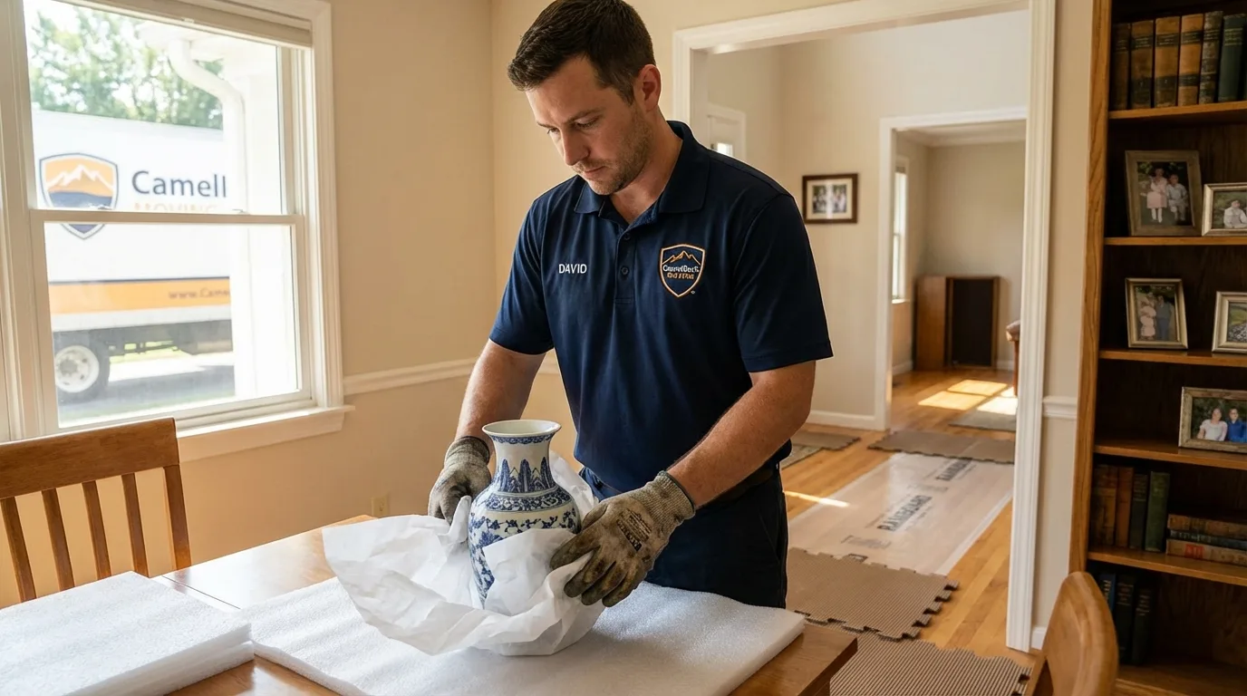 Professional crew carefully wrapping antique vase for senior downsizing move in Bolton, MA
