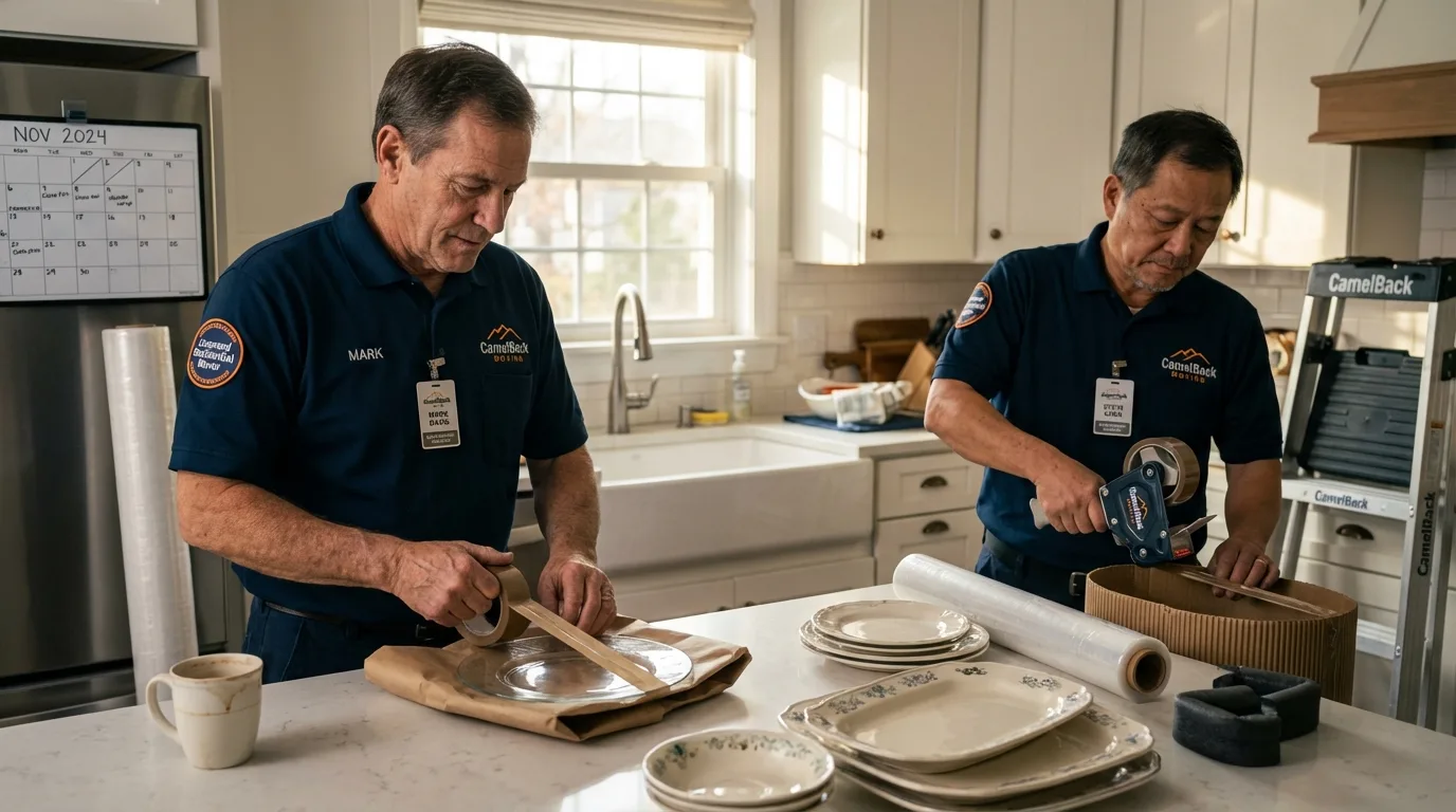 Professional crew packing kitchen dishware in Bolton, MA